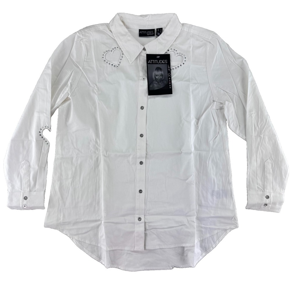 Attitudes by Renee Woven Heart Cutout Button Front Shirt Large White